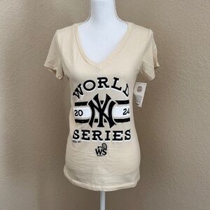 New York Yankees Women's 2024 World Series V Neck T Shirt Cream Size Small